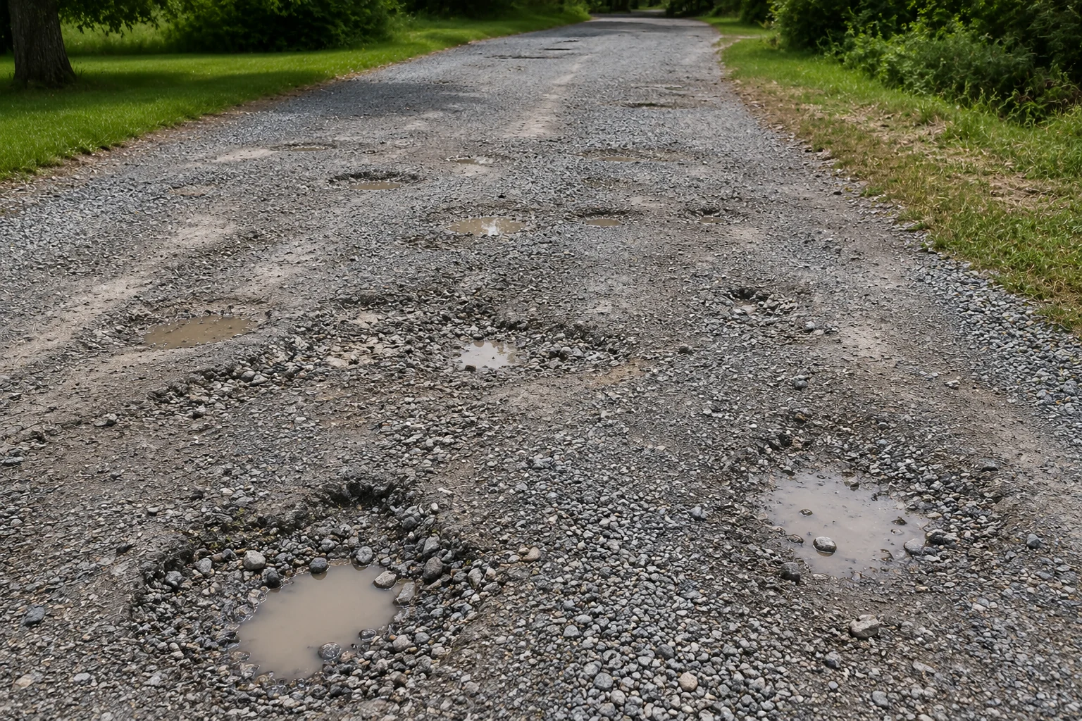 Rough gravel driveway with potholes of different sizes